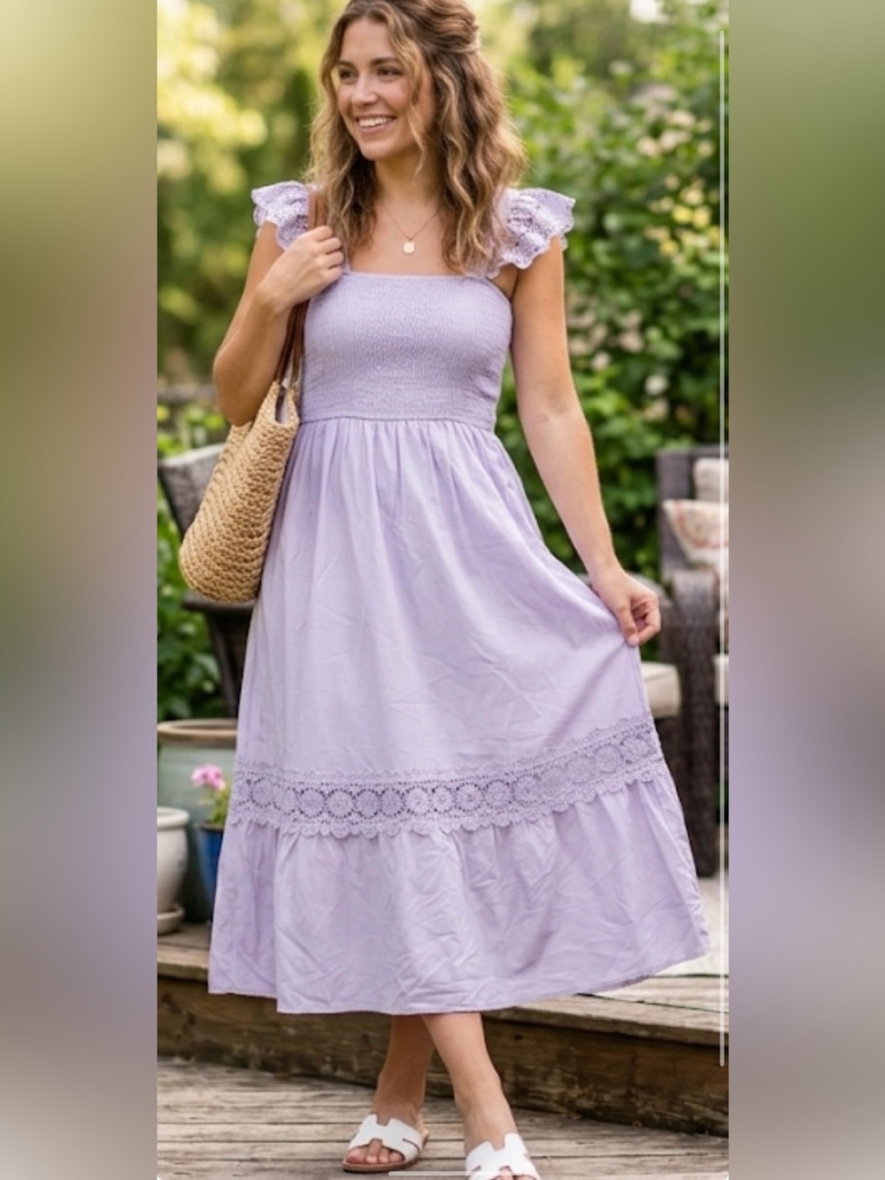 ZESICA Women’s Lavender Smocked Lace Trim Summer Dress - Size M